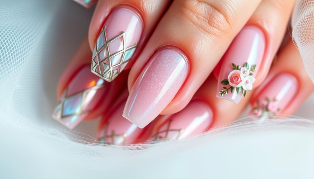 A vibrant array of unique nail art designs, including intricate geometric patterns, iridescent holographic finishes, and delicate floral accents. The nails are captured in a soft, diffused lighting, creating a dreamy, atmospheric quality. The composition features a mix of close-up and mid-range shots, highlighting the intricate details and textures of the nails. The overall mood is one of creativity, elegance, and a touch of whimsy, perfectly capturing the essence of "Unique Nail Art Inspirations."