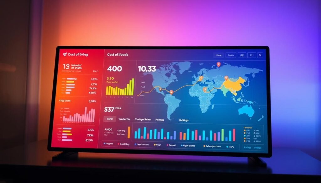 A vibrant data visualization displayed on a sleek digital dashboard, showcasing the cost of living comparison for digital nomads across various locations. The foreground features a clean, minimalist interface with interactive charts, graphs, and infographics depicting the relative costs of housing, food, transportation, and other essential expenses in different cities. The middle ground showcases a world map with pins highlighting the highlighted destinations, while the background blends a subtle gradient of warm and cool tones, creating a sense of depth and sophistication. The lighting is soft and diffused, with a touch of ambient glow, capturing the forward-thinking and data-driven nature of the content. The overall mood is one of informative clarity, empowering digital nomads to make informed decisions about their next destination.