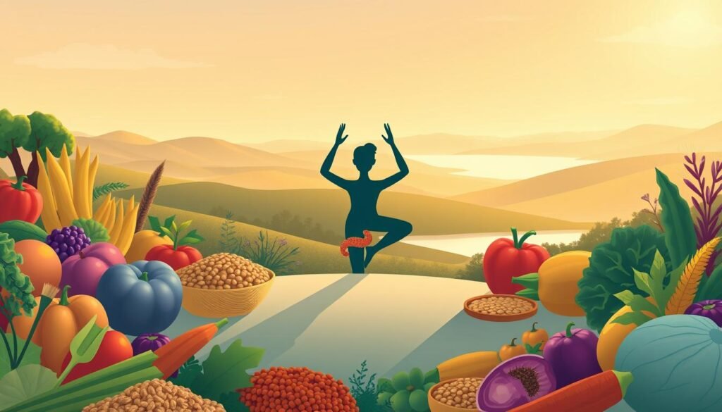 A vibrant illustration showcasing various digestive health strategies. In the foreground, an array of fresh, colorful vegetables and whole grains symbolize a balanced, fiber-rich diet. In the middle ground, a human silhouette performs gentle yoga poses, representing the importance of stress management and physical activity for gut health. In the background, a soothing landscape with rolling hills and a serene lake conveys an atmosphere of tranquility and mindfulness. The scene is illuminated by soft, natural lighting, creating a calming and inviting ambiance. A sense of harmony and holistic well-being permeates the image, reflecting the comprehensive approach to maintaining a healthy digestive system.
