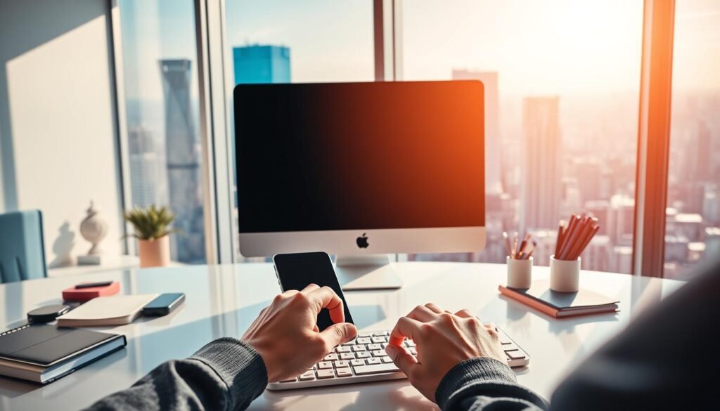 A vibrant, modern office space with sleek, minimalist furniture and a large window overlooking a bustling city skyline. The lighting is bright and natural, casting a warm glow on a desktop computer, smartphone, and neatly organized stationery. In the foreground, a person's hands are typing on a keyboard, their face out of frame, symbolizing the process of building an online brand. The background features abstract, geometric shapes and patterns, creating a sense of dynamism and digital connectivity.