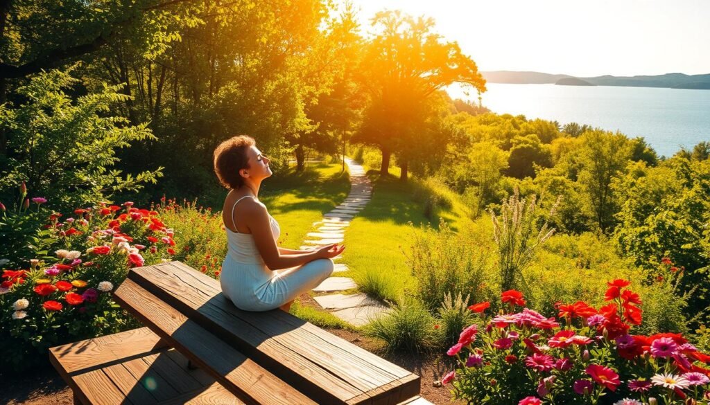 A vibrant morning landscape, bathed in soft, golden sunlight. In the foreground, a person sits cross-legged on a well-worn wooden bench, eyes closed, lost in a peaceful meditation. Surrounding them, a lush garden bursting with colorful flowers, their petals gently swaying in the light breeze. In the middle ground, a winding path leads through a verdant forest, dappled shadows playing across the ground. In the distance, a serene lake reflects the blue sky above, its surface rippling gently. The atmosphere is one of tranquility and rejuvenation, inviting the viewer to immerse themselves in the calming embrace of nature's morning routine.