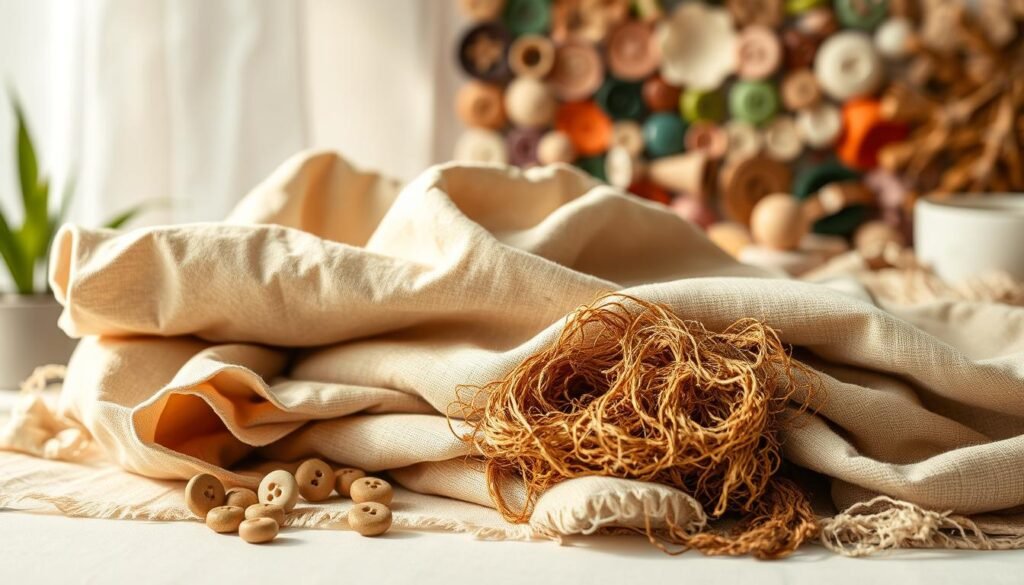 A vibrant still life of sustainably sourced fabrics and materials, illuminated by soft, natural lighting. In the foreground, organic cotton, linen, and bamboo textiles in earthy tones are arranged artfully. The middle ground features recycled polyester, hemp, and nettle fibers, their unique textures contrasting with the softer fabrics. In the background, a blurred array of eco-friendly dyes, buttons, and trims suggest the breadth of sustainable fashion options. The overall composition conveys a sense of harmony, innovation, and a commitment to environmental responsibility.