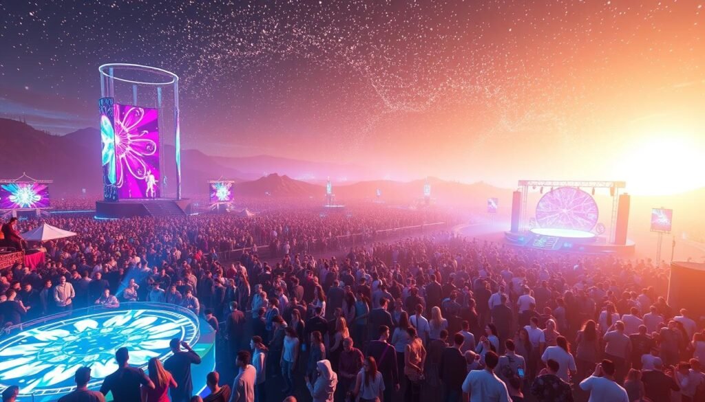 A vibrant virtual festival unfolds across a sprawling digital landscape. In the foreground, a crowd of avatars in a kaleidoscope of colors and styles gathers around a holographic stage, captivated by a mesmerizing performance. In the middle ground, towering projection screens display dazzling visuals, synchronizing with the pulsing beats of the music. The background is dotted with futuristic pavilions and interactive art installations, inviting festival-goers to explore and discover. Overhead, the virtual sky is awash with shimmering lights, creating a sense of boundless possibility. The entire scene is bathed in a warm, ethereal glow, evoking a dreamlike atmosphere of celebration and connectivity.