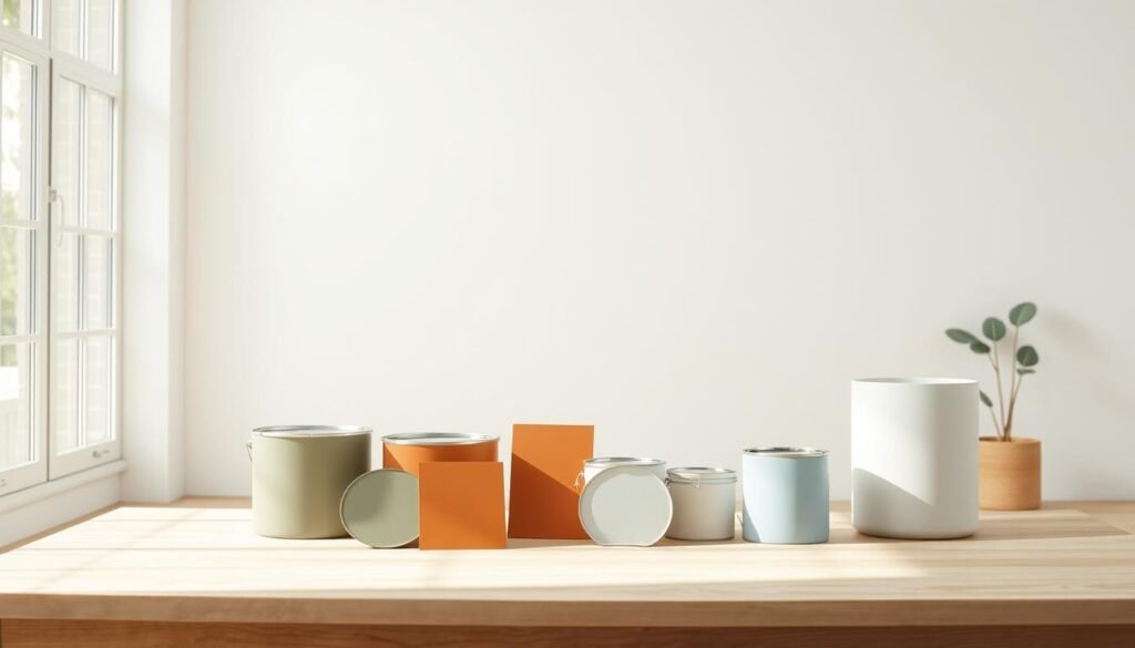 A well-lit, minimalist interior scene showcasing an assortment of eco-friendly paint options. In the foreground, several paint cans and samples in muted, natural tones like sage green, warm terracotta, and soft blue are neatly arranged on a simple wooden table. Behind them, the middle ground features a large, clean white wall with a subtle, organic texture, creating a calming backdrop. The lighting is soft and diffused, accentuating the matte finishes of the paint samples. In the background, a large window floods the space with natural daylight, hinting at the sustainable, light-filled aesthetic. The overall mood is serene, highlighting the beauty and versatility of environmentally-conscious paint choices.