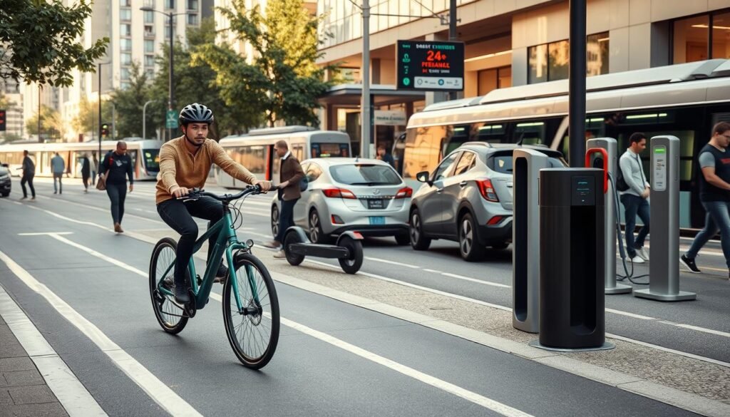 A well-lit, modern urban street scene with a focus on various modes of smart, sustainable transportation. In the foreground, a person rides a sleek electric bicycle down a bike lane, surrounded by pedestrians and electric scooters. In the middle ground, a hybrid car and an electric vehicle are parked at the curb, charging stations nearby. In the background, a public transit station with a train or bus is visible, with commuters waiting to board. The overall atmosphere conveys a sense of efficiency, environmental consciousness, and a balanced, economical lifestyle.