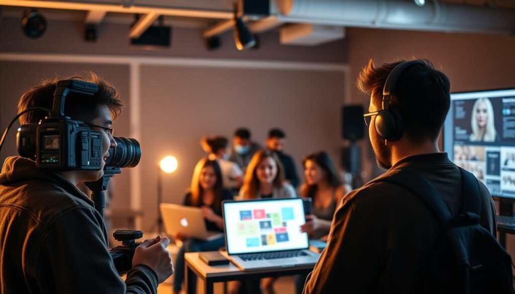 A well-lit studio filled with online creators, each deeply engaged with their craft. In the foreground, a vlogger filming a tutorial with a professional-grade camera, their face animated with enthusiasm. In the middle ground, a group of influencers collaborating on a social media campaign, laptops and smartphones in hand. In the background, a graphic designer fine-tuning a digital illustration, the glow of a large monitor illuminating their workspace. Ambient lighting creates a warm, inviting atmosphere, and the overall scene conveys a sense of focus, creativity, and the dynamic energy of the creator economy.