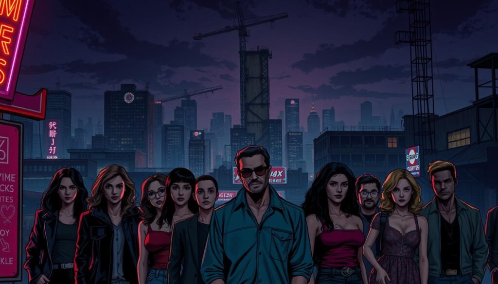 An indie comics TV series set in a dimly lit, gritty urban landscape. In the foreground, a group of diverse, eclectic characters stand resolute, their faces lit by the warm glow of neon signs. The middle ground features a bustling cityscape, skyscrapers reaching up towards a night sky painted in a moody palette of indigos and deep purples. In the background, a towering, abandoned warehouse looms, its weathered facade hinting at the hidden stories and secrets it holds. The overall atmosphere evokes a sense of edgy, underground cool, drawing the viewer into the rich, cinematic world of lesser-known, independent comic book adaptations.