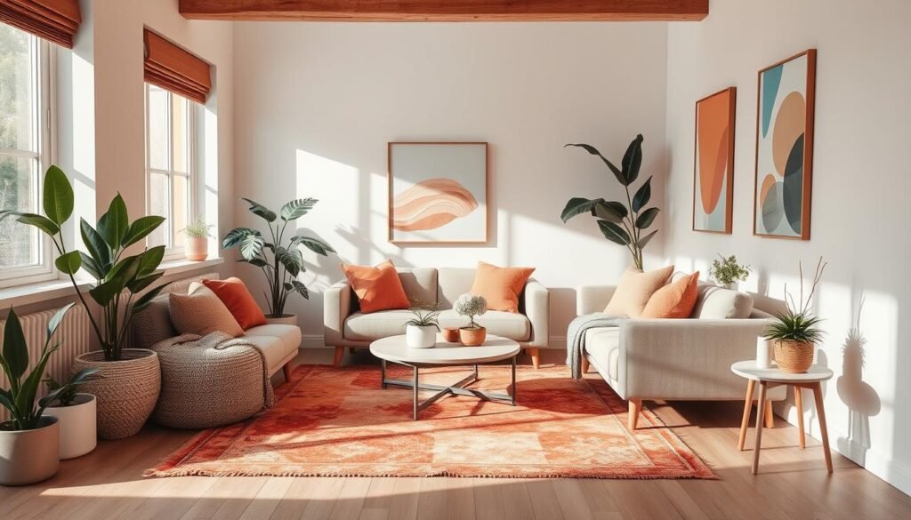 Compact living color palette: a harmonious arrangement of vibrant yet muted hues in a cozy, well-lit interior. Soft natural light filters through large windows, casting a warm glow on a mix of earthy tones and pastel accents. A plush rug in a complementary color scheme anchors the space, while textured throw pillows and artwork on the walls add visual interest. Minimalist furniture in clean lines and neutral shades create an illusion of spaciousness, while pops of color from potted plants and decorative accessories breathe life into the compact scene. The overall effect is a calming, inviting atmosphere that feels larger than its dimensions.