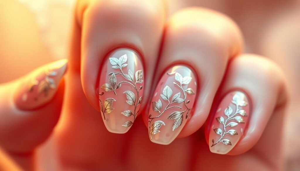 Exquisite nail art for a special event: a symphony of colors, textures, and intricate designs. Delicate floral patterns adorn the nails, with intricate petals and leaves in a soft, ethereal palette. Metallic accents catch the light, creating a mesmerizing, high-fashion look. The nails are shaped into elegant, almond-like curves, perfectly manicured and polished to a flawless finish. The lighting is soft and diffused, casting a warm, romantic glow that highlights the depth and complexity of the nail art. Captured from a high-angle, close-up perspective, the image invites the viewer to admire the exceptional craftsmanship and attention to detail.