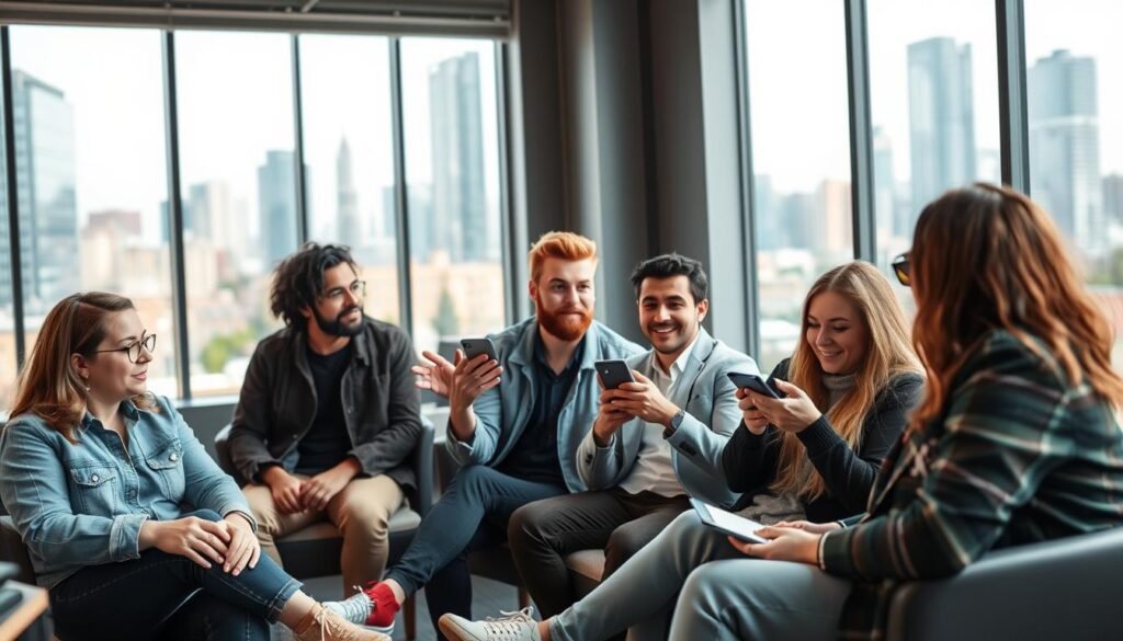 a group of tech influencers sitting together in a modern, minimalist office setting, with large windows letting in natural light. The influencers are casually dressed in stylish, trendy outfits, engaged in animated conversation and gesturing while surrounded by various tech gadgets and devices. The scene has a vibrant, energetic atmosphere, capturing the dynamic and innovative nature of the technology industry. The composition features a balance of the influencers in the foreground, the office environment in the middle ground, and a blurred city skyline in the background, creating a sense of depth and context.