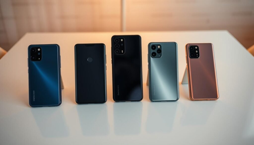 a high-angle shot of a neatly arranged display of 5 budget smartphones in 2025, showcasing their modern, sleek designs with minimal bezels, in-display fingerprint sensors, and rear multi-camera setups. The phones are illuminated by warm, indirect lighting, casting soft shadows and highlighting their premium-looking metallic and glass finishes. The background is a clean, minimalist workspace with a blurred, out-of-focus white table and a subtle, textured wall, creating a sense of depth and emphasizing the products. The overall mood is one of sophistication, innovation, and accessibility, reflecting the idea of flagship features at an affordable price point.