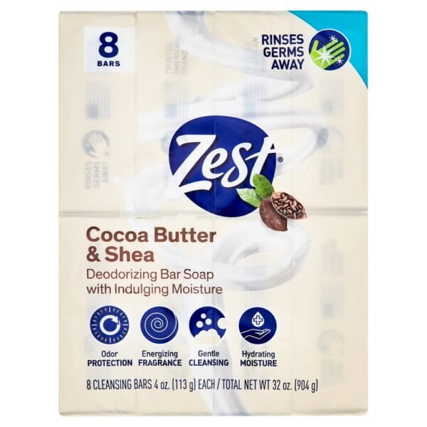 Zest Cocoa Butter & Shea Bar Soap 8 Bars Packaging Front